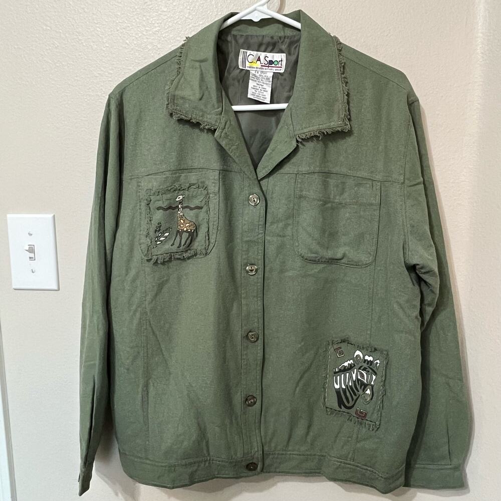 C.A.Sport Silk  Women’s Vintage Jacket Sz Medium Oversized Green Safari‎ Lined